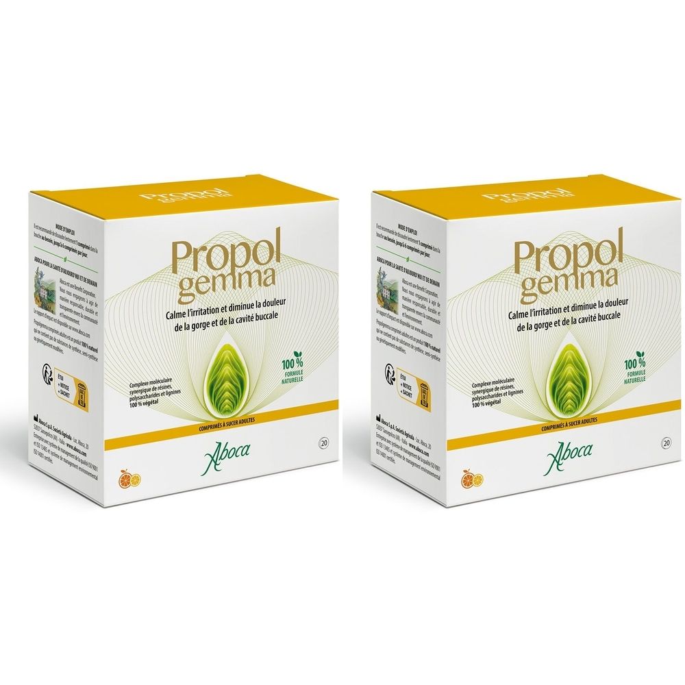 Deux boîtes avec couvercle jaune. Inscription "Propolgemma" et "Aboca". Représentation d'une feuille verte. Texte en français.