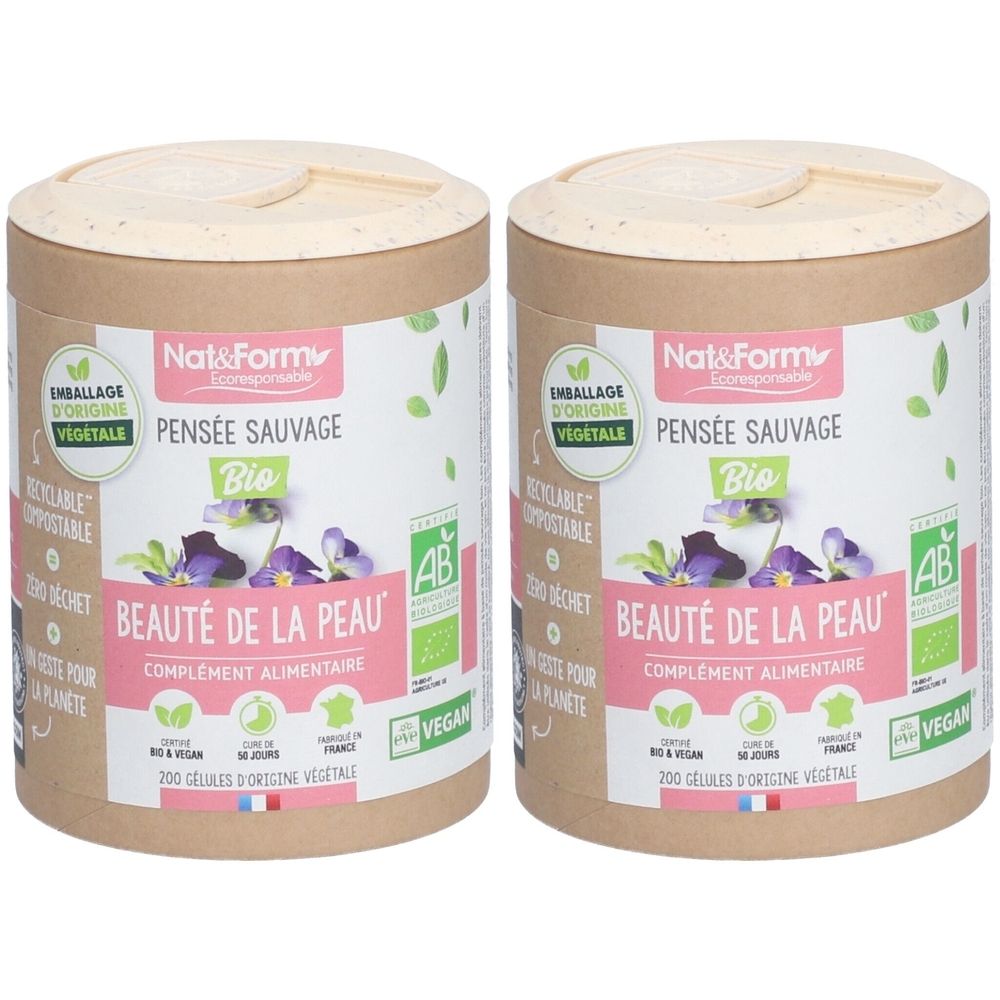 Deux boîtes cylindriques. Inscription: Nat&Form Pensée sauvage Bio, Beauté de la Peau, complément alimentaire. Avec labels AB et Vegan.
