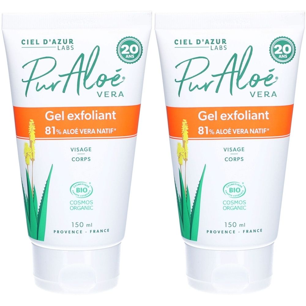 Deux tubes de gel exfoliant Pur Aloé Vera. Blanc, avec texte vert et orange. Certification bio. 150 ml.