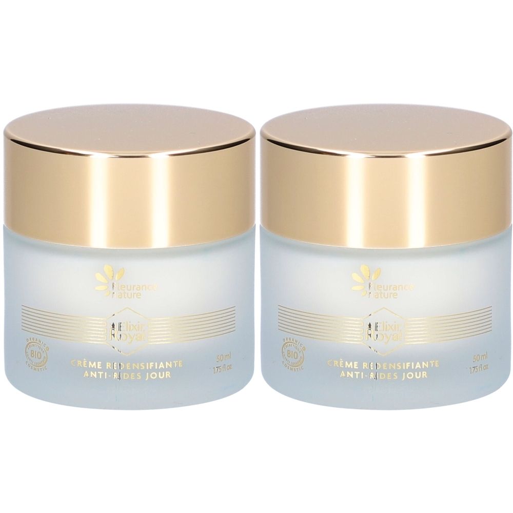 Deux pots de crème avec couvercles dorés. Inscription: Crème Redensifiante Anti-Rides Jour. Logo et label bio.