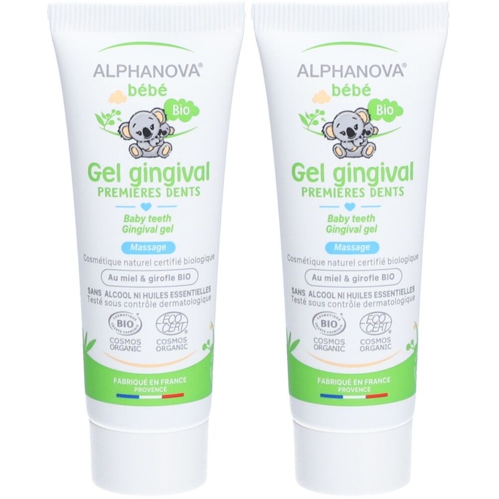 Deux tubes de gel. Inscription: ALPHANOVA bébé, Gel gingival, Bio. Illustration de koala. Certifications: COSMOS ORGANIC, BIO. Fabriqué en France.
