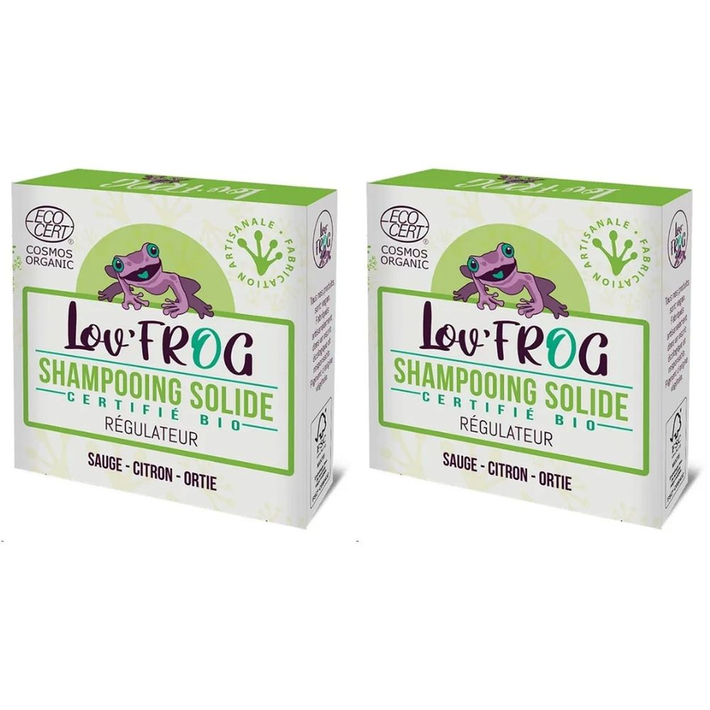 Deux boîtes rectangulaires avec couvercle vert. Inscription: Lov'Frog Shampooing Solide, certifié Bio, Régulateur. Logo de grenouille.
