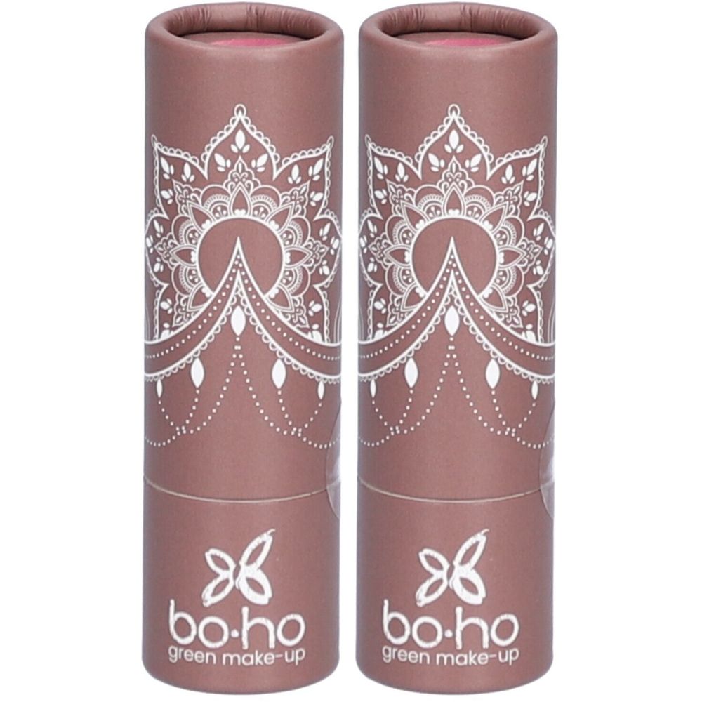 Deux étuis cylindriques de rouge à lèvres. Motif mandala blanc sur fond marron et logo "bo-ho green make-up".
