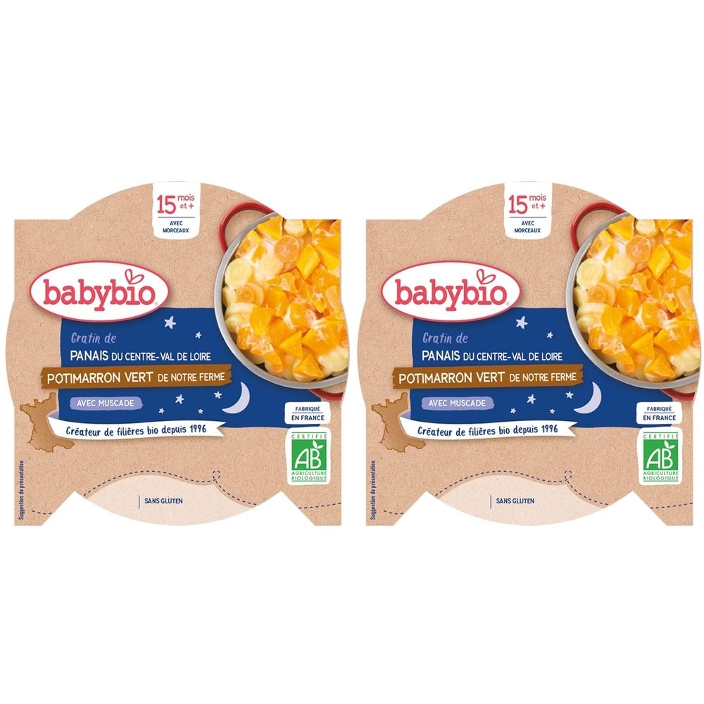 Deux pots Babybio. Crème de Panais, Potimarron Vert de notre ferme. Label AB. Dès 15 mois. Sans gluten.
