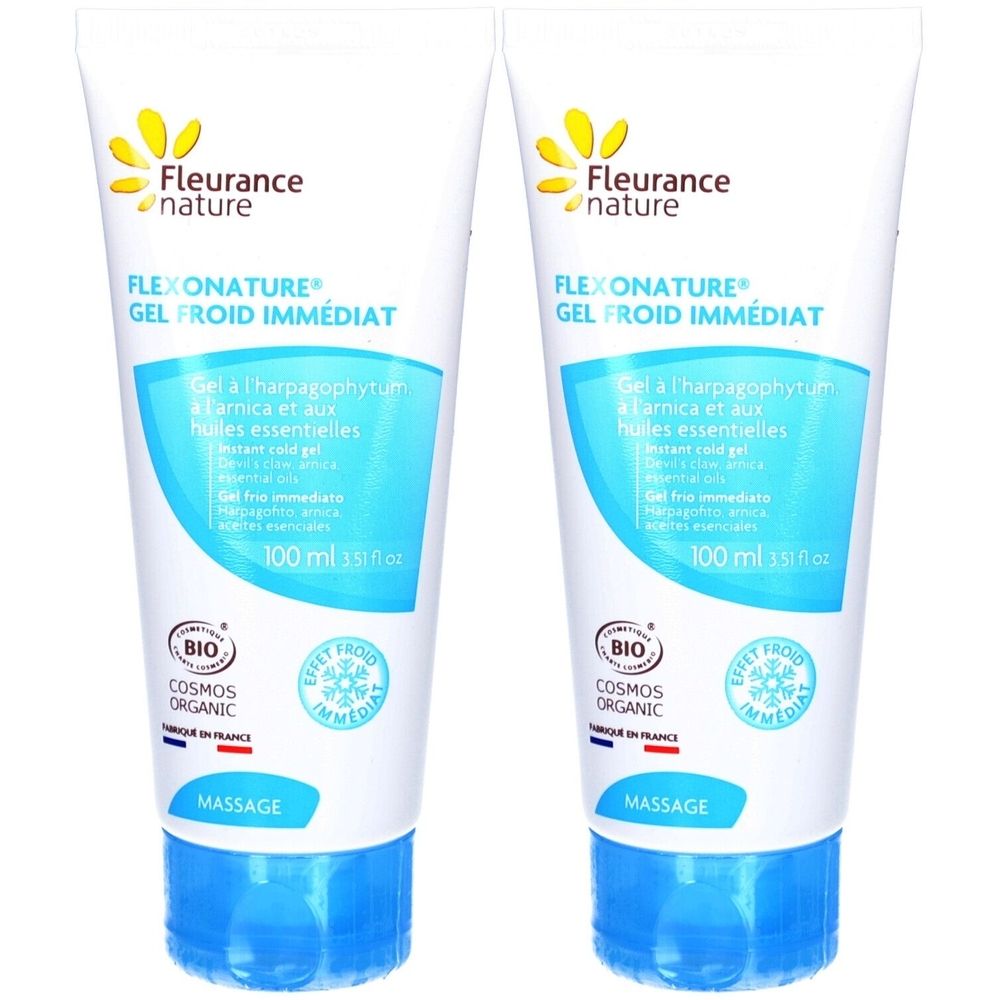 Deux tubes de gel Flexonature Froid Immédiat. Emballage blanc et bleu avec logo et texte. Certification bio. Inscription: Massage.