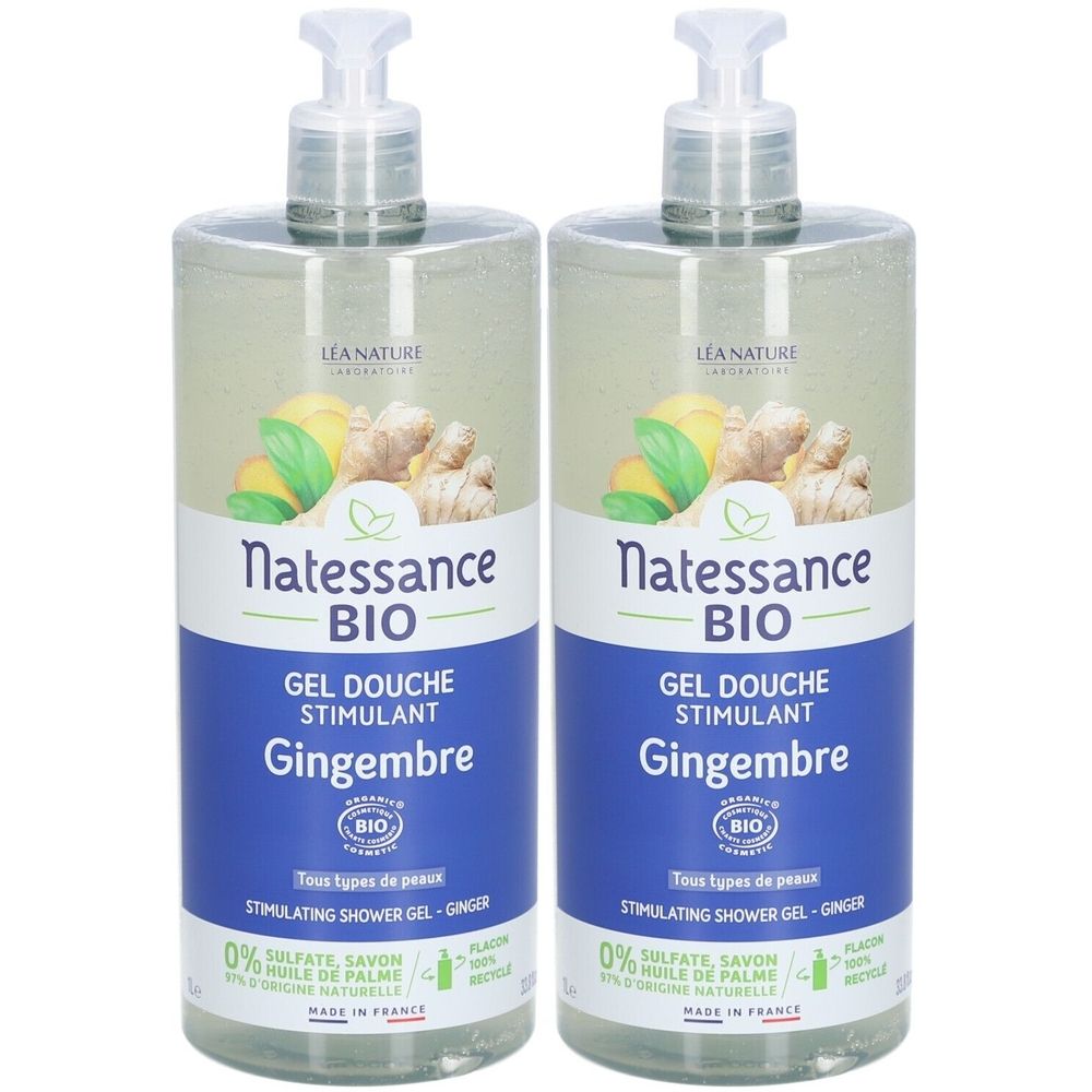 Deux flacons transparents avec pompe. Étiquettes avec nom du produit et illustration de gingembre. Certification bio.