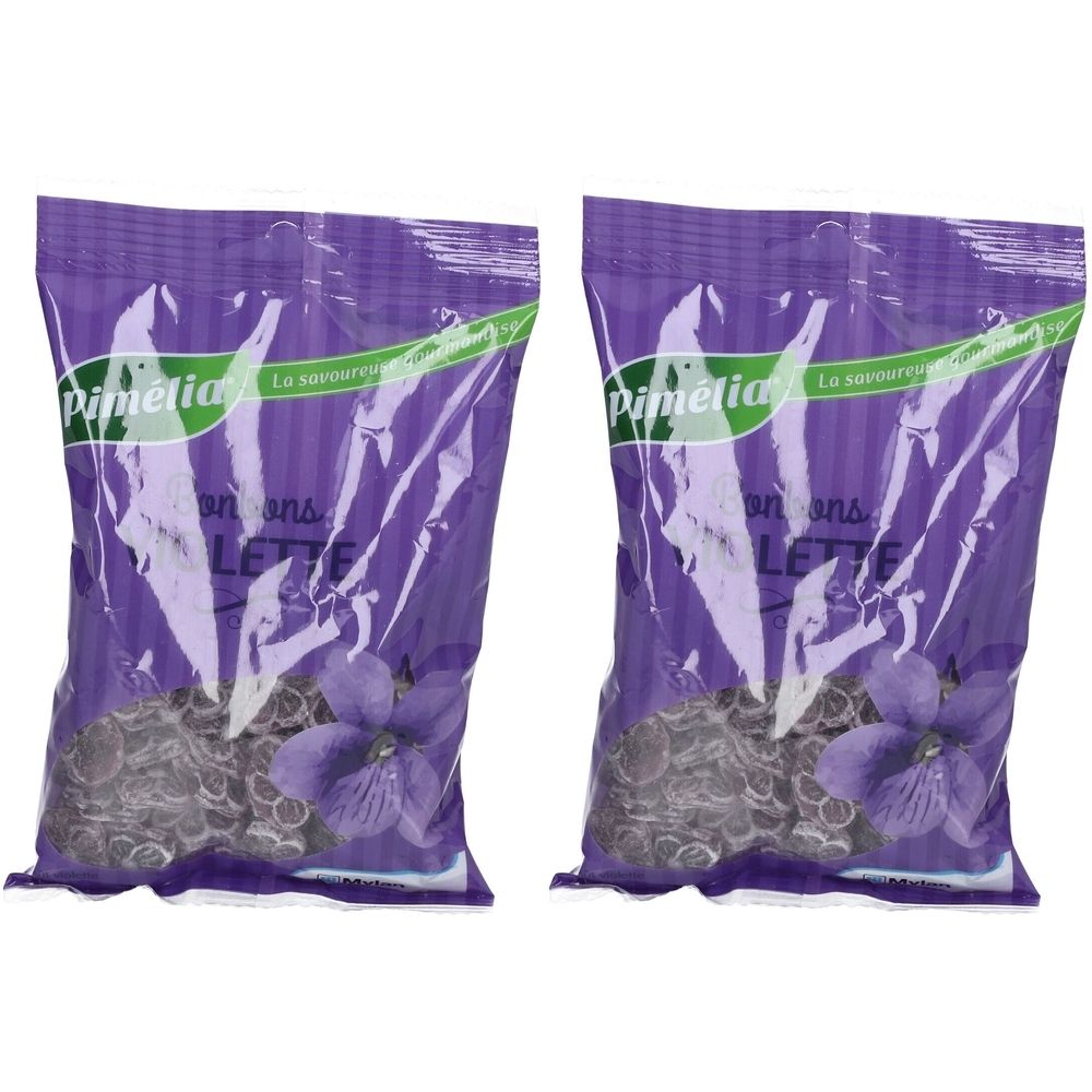 Deux sachets de Pimélia Bonbons Violette d'Antan. Emballage violet avec image et texte du produit. Fenêtres transparentes.