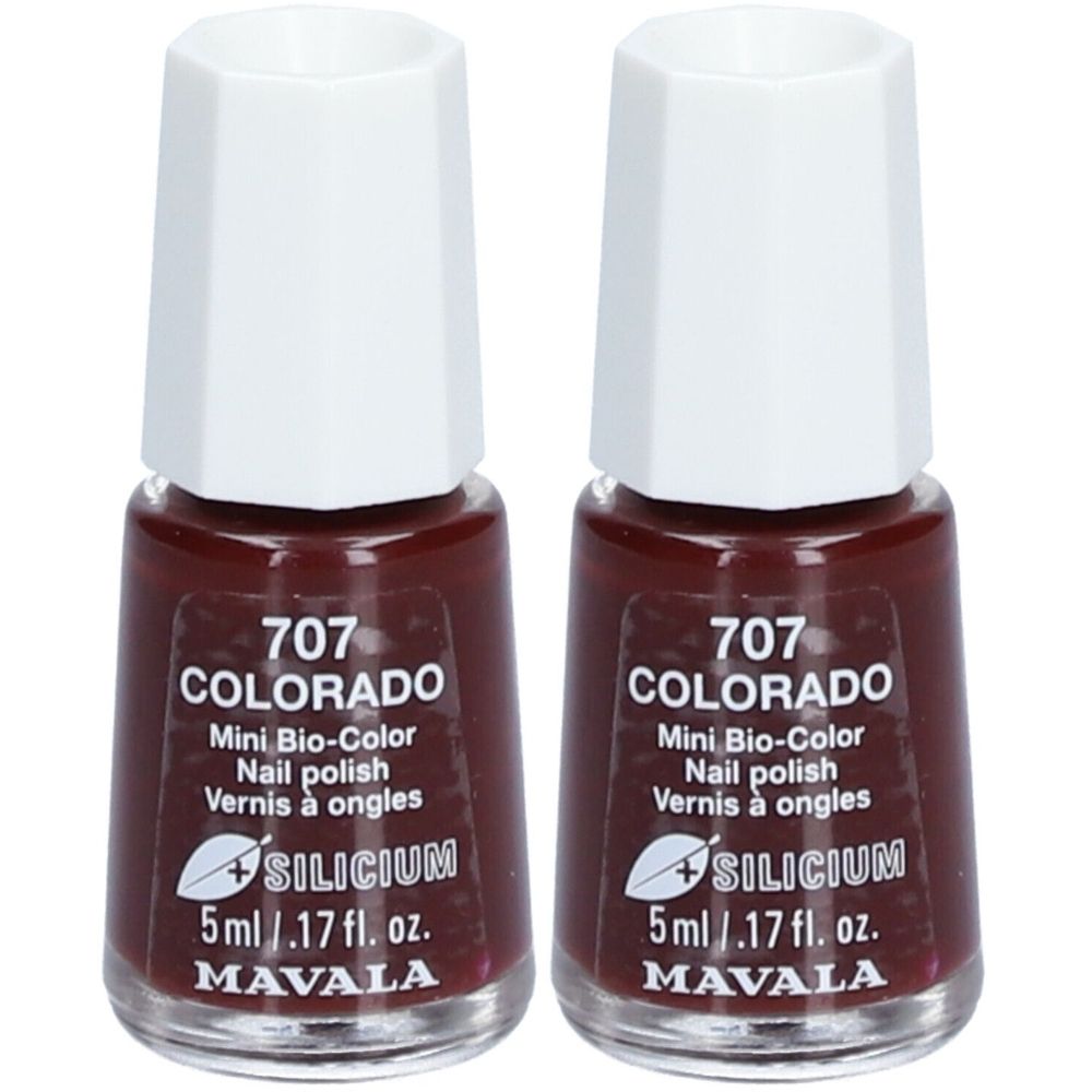 Deux flacons de vernis à ongles. Couleur Colorado. Inscription : 707, Mini Bio-Color, 5ml/.17 fl. oz. Marque : MAVALA.
