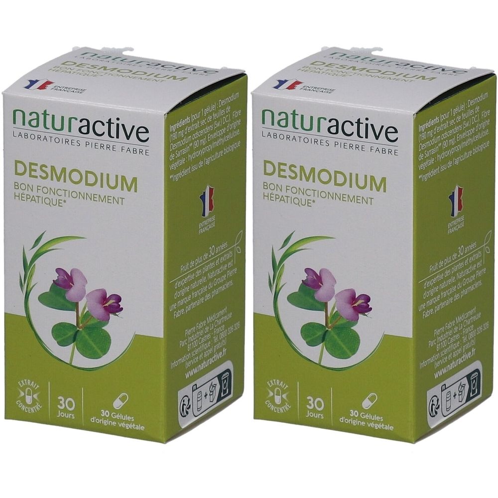 Deux boîtes NATURAKTIV Desmodium pour le bon fonctionnement hépatique, chacune contient 30 gélules.