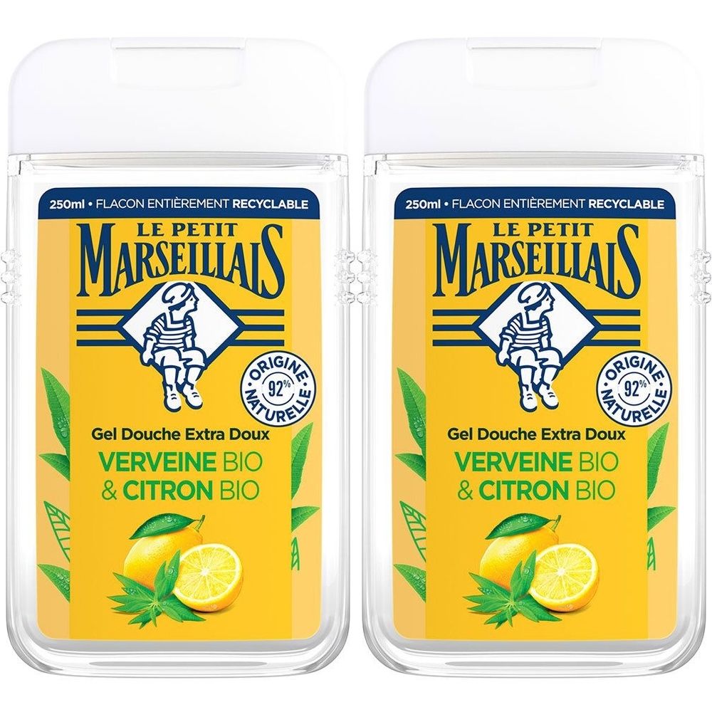 Deux flacons transparents avec étiquette jaune. Inscription: Le Petit Marseillais, Gel Douche Extra Doux Verveine & Citron Bio. Image de citron.