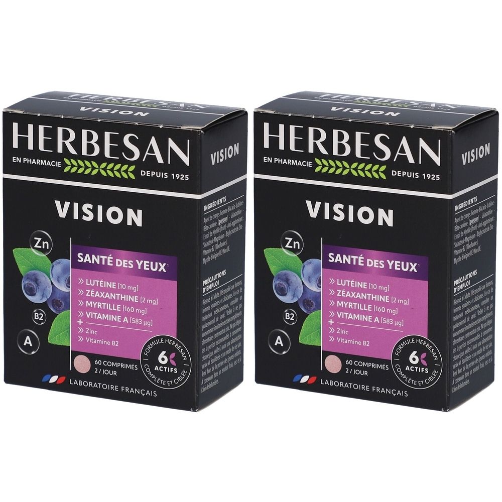 Deux boîtes de Herbesan Vision. Emballage noir avec nom du produit et ingrédients. Contient 60 comprimés. Inscription : Santé des yeux.