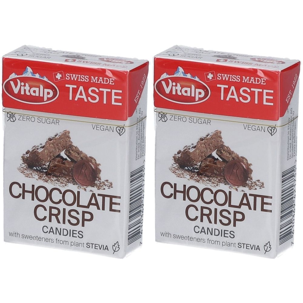 Deux boîtes de bonbons croustillants au chocolat VITALP. Emballage rouge et blanc avec image et texte du produit. Vegan, sans sucre.