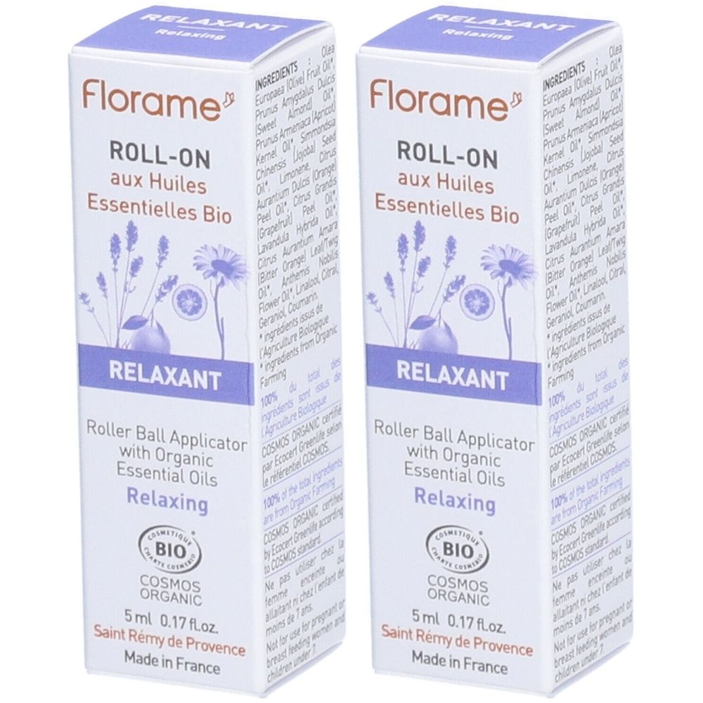 Deux boîtes rectangulaires Florame Roll-on Relaxant. Certifié BIO. Ingrédients et informations. 5 ml.