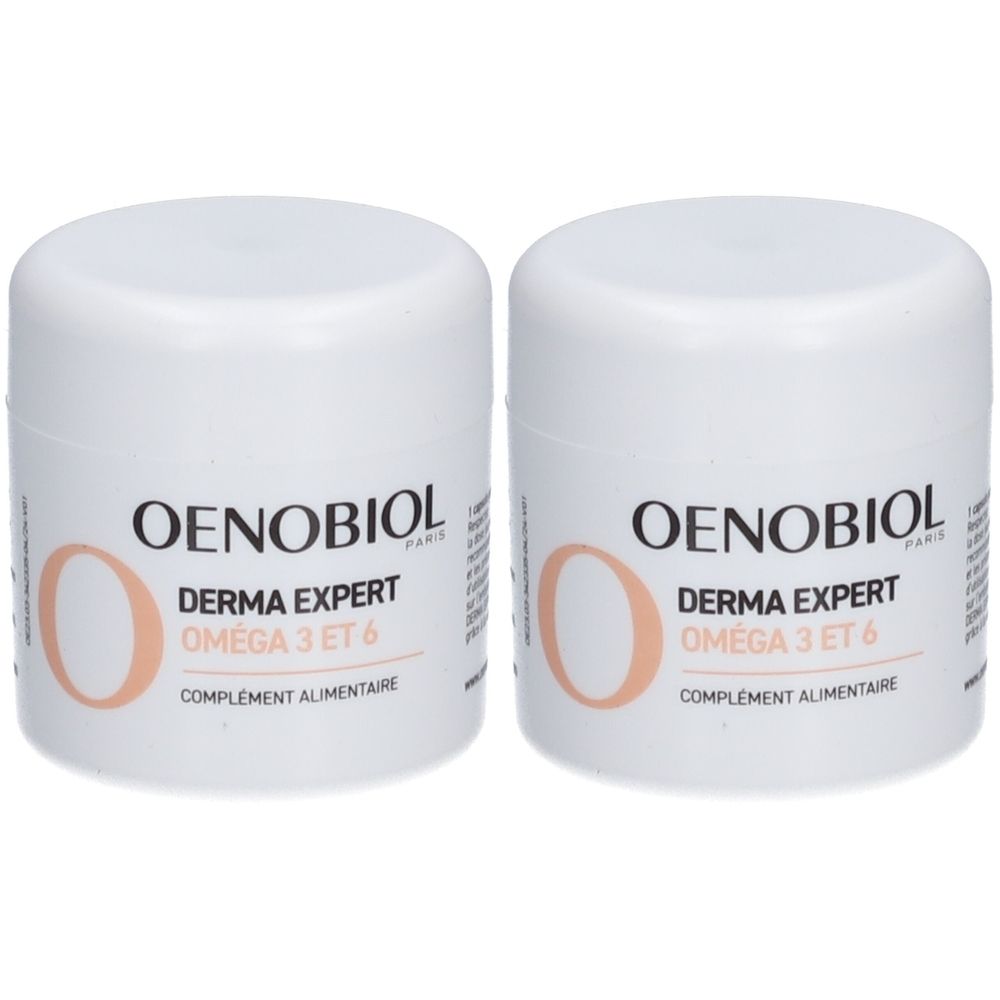 Deux pots de crème blancs avec l'inscription OENOBIOL, DERMA EXPERT, OMEGA 3 ET 6. Complément alimentaire. Impression orange et noir.