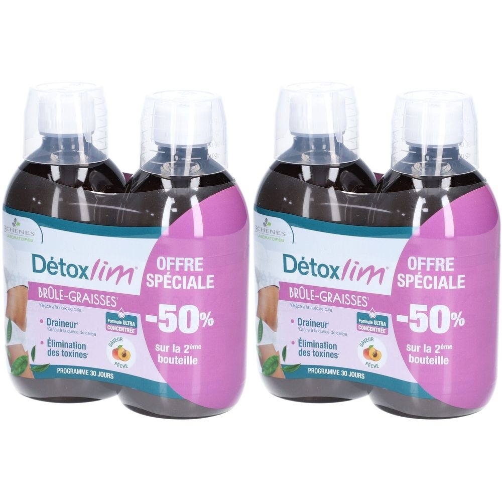Deux packs doubles de bouteilles Détoxlim. Inscription : "OFFRE SPECIALE -50%" sur la deuxième bouteille. Nom du produit et caractéristiques visibles.
