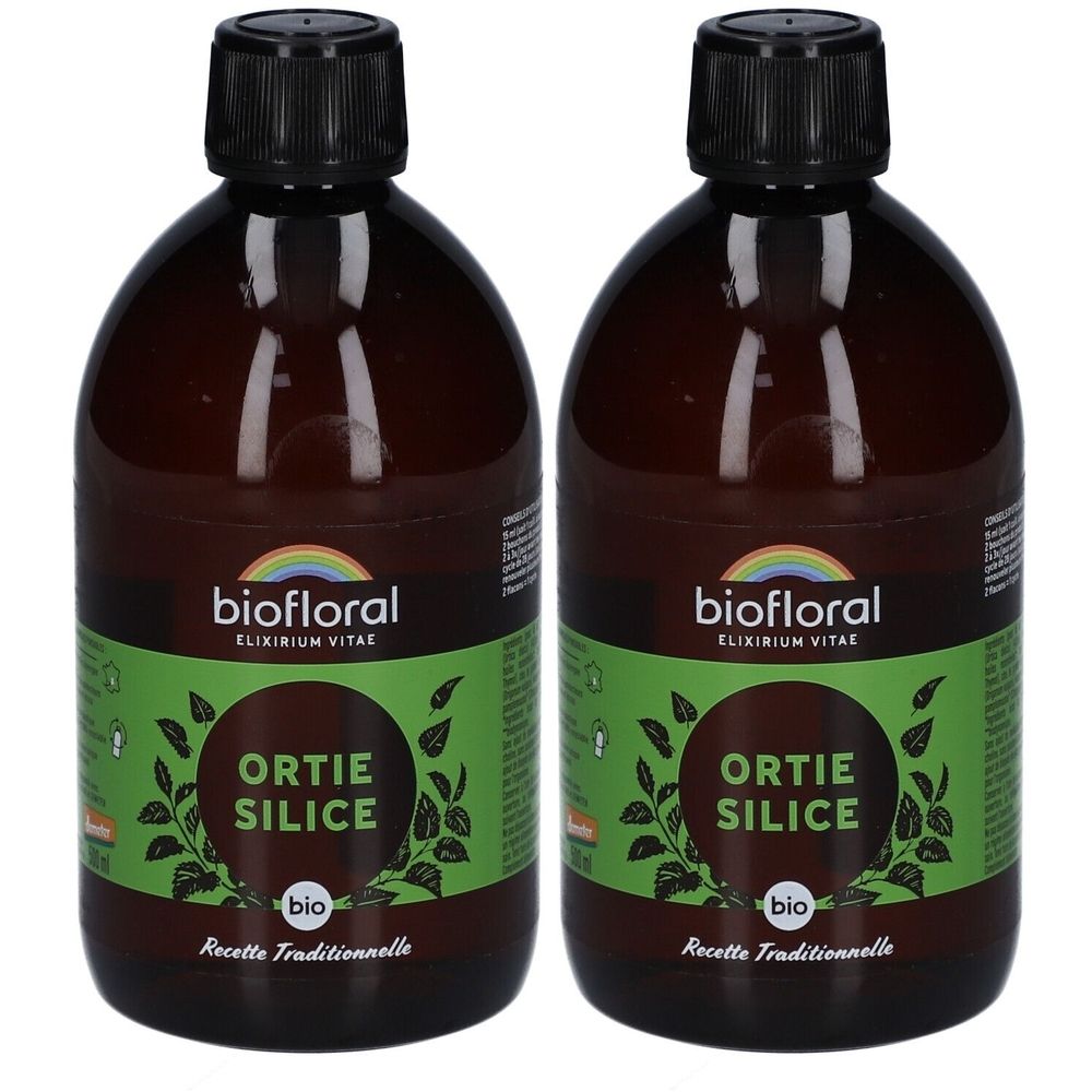 Deux flacons bruns avec bouchon noir. L'étiquette indique "biofloral", "Ortie Silice" et "bio".