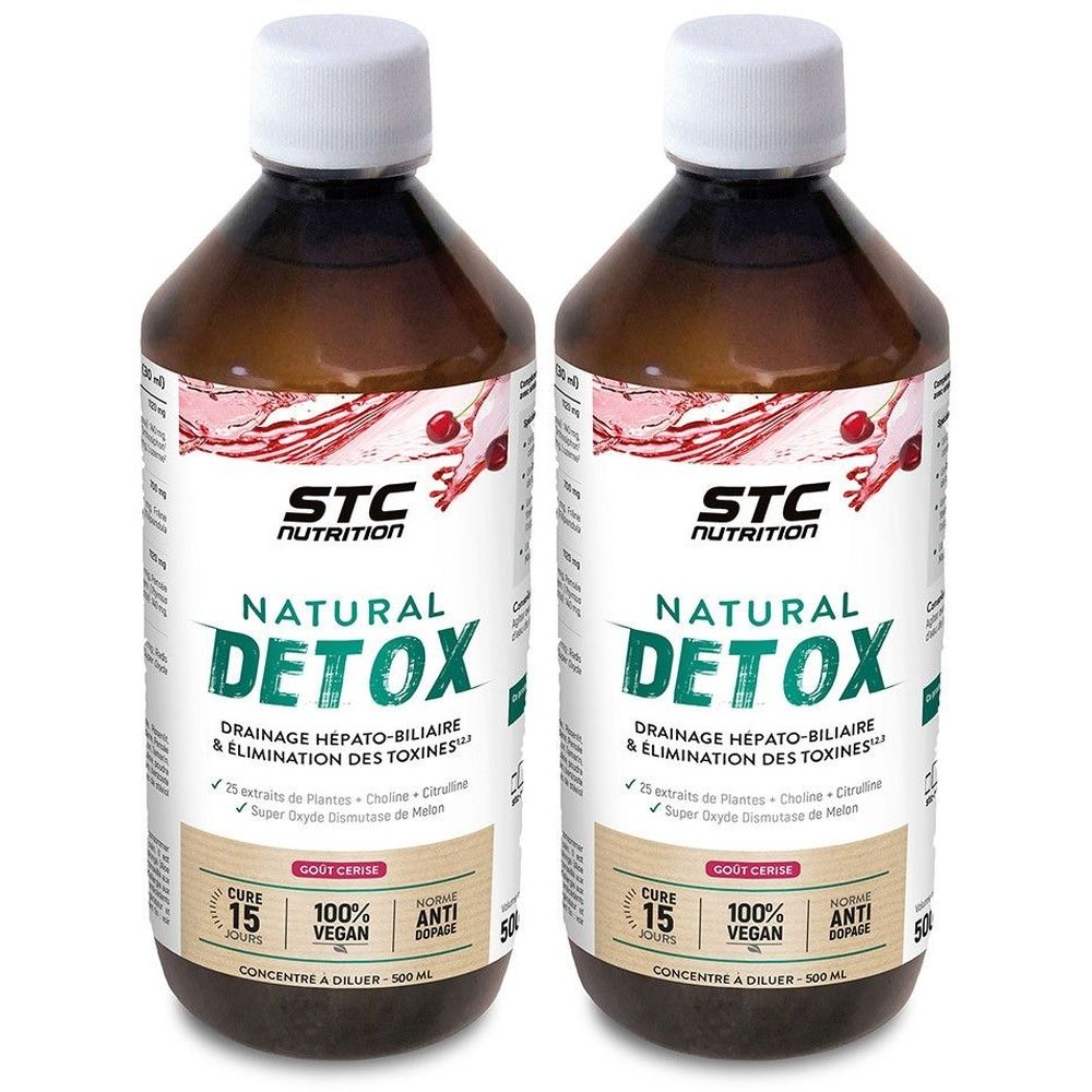 Deux bouteilles avec bouchon blanc. Inscription: STC Nutrition Natural Detox. Texte: Drainage hépato-biliaire & élimination des toxines. 100% vegan.