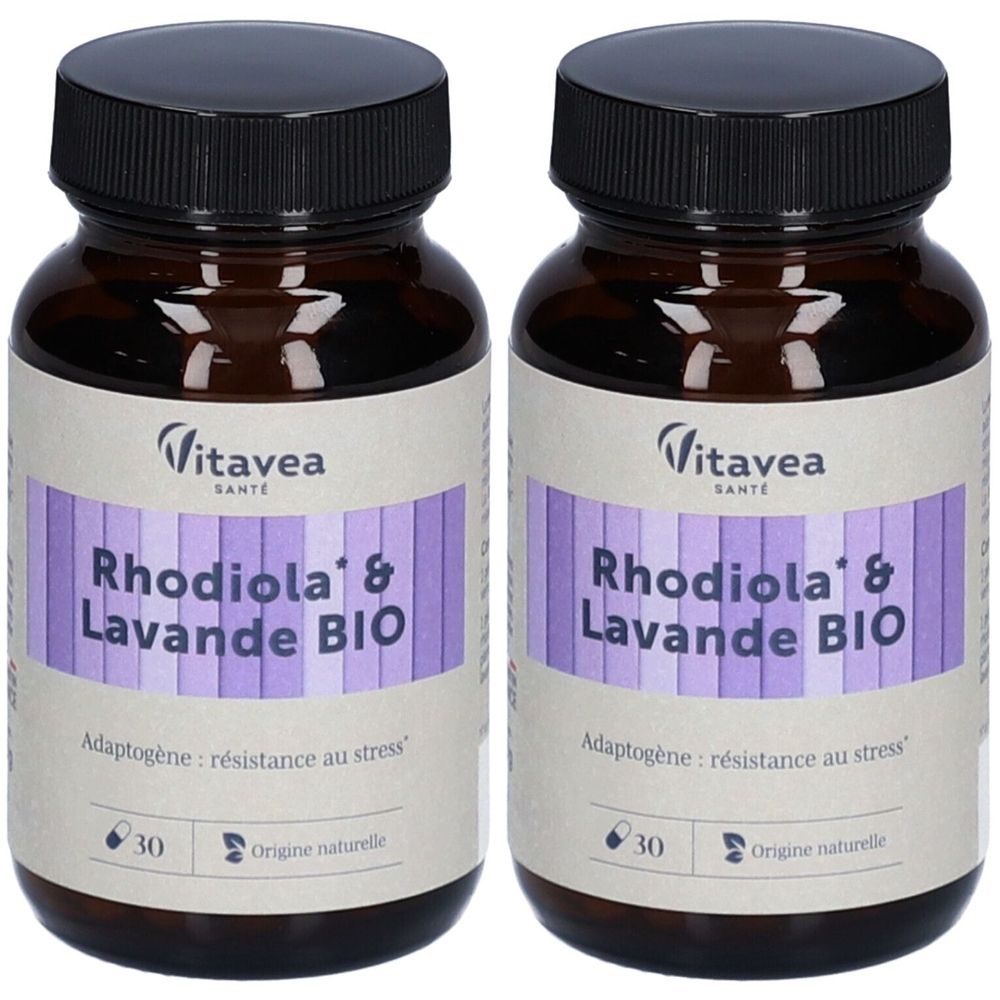 Deux flacons bruns avec bouchons noirs. Étiquettes avec "Vitavea Santé", "Rhodiola & Lavande BIO" et "30".