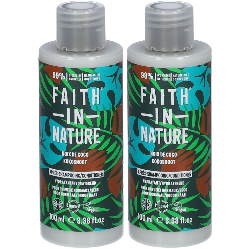 Deux flacons de FAITH IN NATURE Après-Shampoing Hydratant. Flacons blancs avec étiquette verte et bleue. Texte : Noix de Coco, Kokosnoot, Après-Shampoing.
