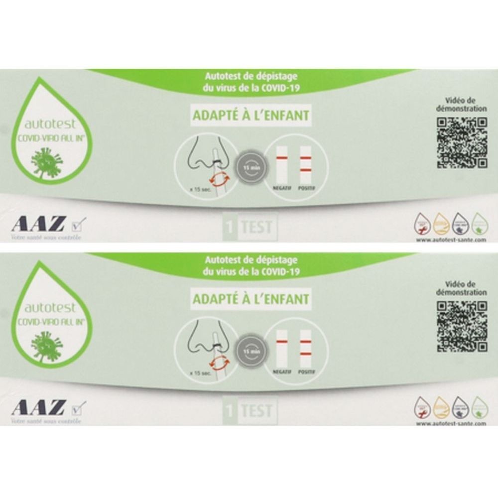 Emballage de test COVID-19 pour enfants. Contient symbole de test, QR code et marque AAZ. Texte: Autotest, Adapté à l'enfant.