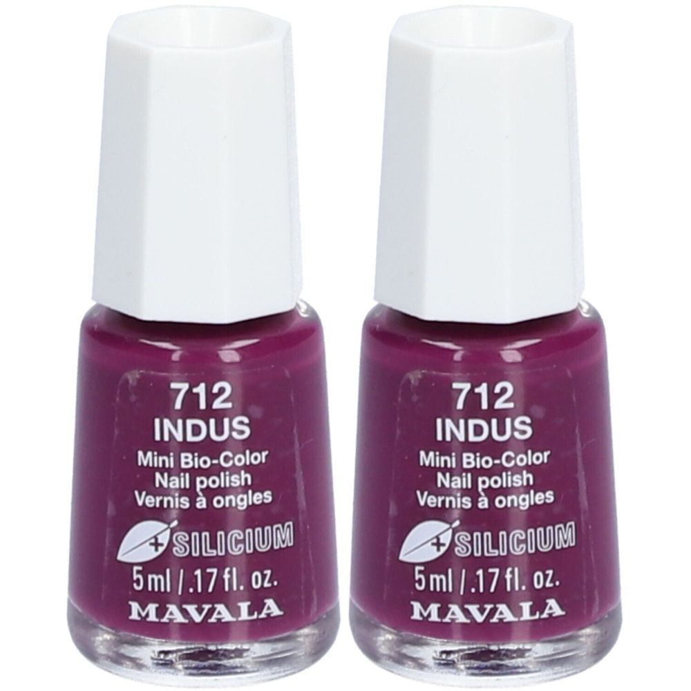 Deux flacons de vernis à ongles 712 Indus Mini Bio-Color. Bouchon blanc. Contient 5 ml. Marque: Mavala.