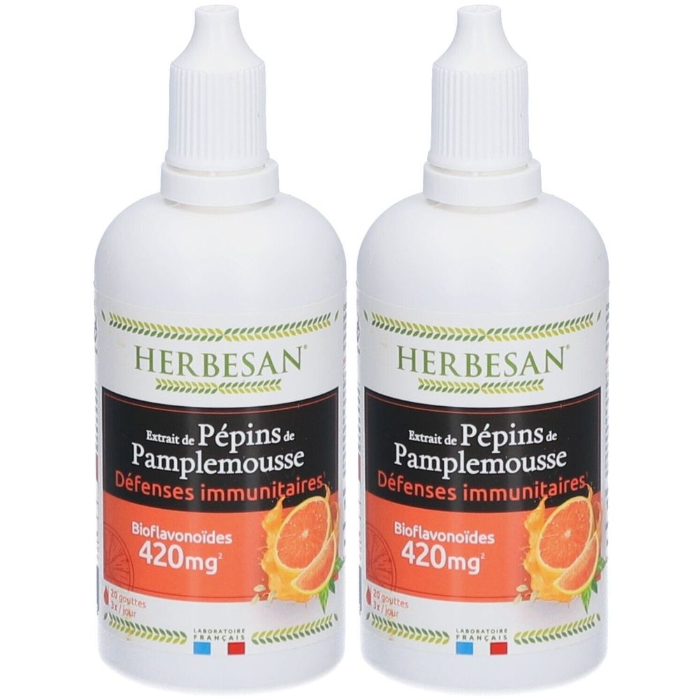 Deux flacons blancs avec l'étiquette "HERBESAN". Inscription: Extrait de Pépins de Pamplemousse, Défenses immunitaires, 420mg Bioflavonoïdes.