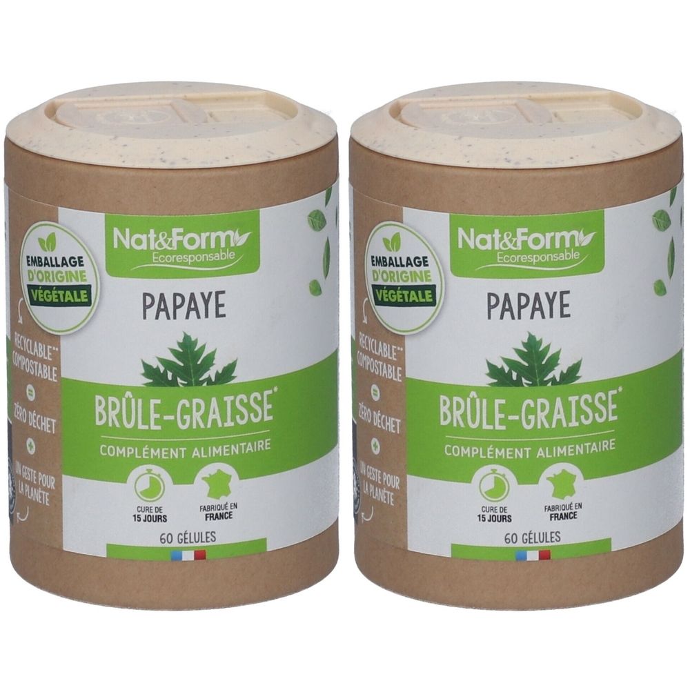 Deux boîtes cylindriques avec couvercles. Inscription: Nat&Form Papaye, Brûle-Graisse, 60 Gélules. Emballage d'origine végétale, recyclable.