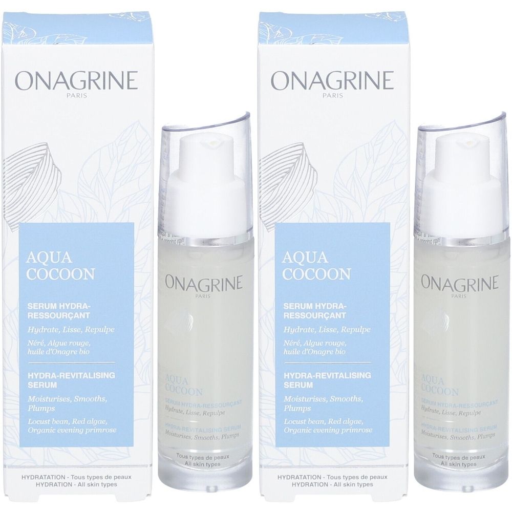 Deux flacons et emballages. Inscription : ONAGRINE, AQUA COCOON, Sérum Hydra-Ressourçant. Flacons blancs avec pompe.