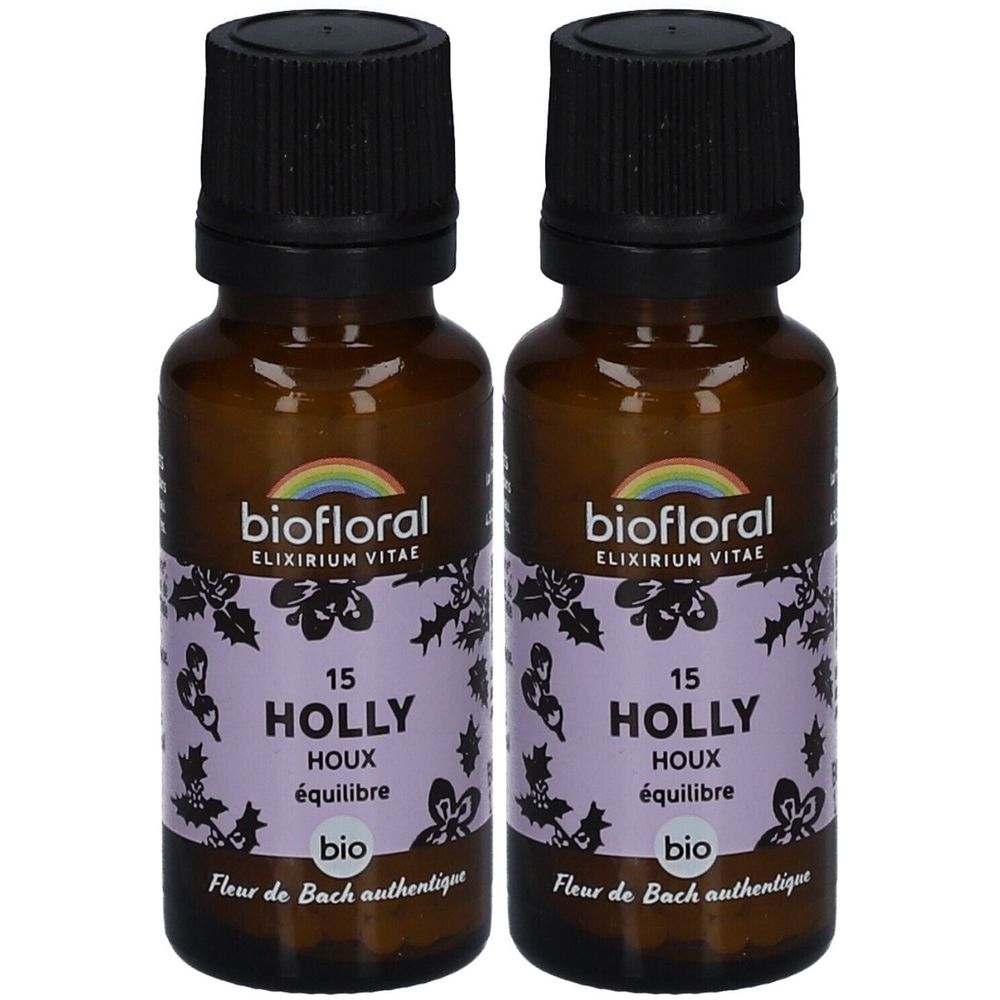 Deux flacons en verre brun avec bouchon noir. Étiquette: BIOFLORAL, HOLLY, HOUX, équilibre, bio. Fleur de Bach authentique.