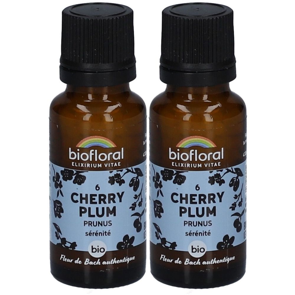 Deux flacons en verre brun avec bouchons noirs. Étiquette BIOFLORAL 6 Cherry Plum, Prunus, sérénité, bio.
