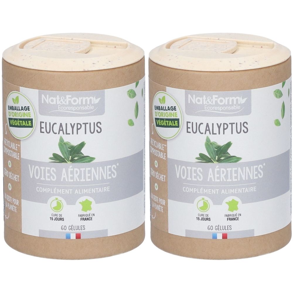 Deux boîtes cylindriques. Inscription: Nat&Form EUCALYPTUS, VOIES AÉRIENNES, 60 Gélules. Emballage d'origine végétale.