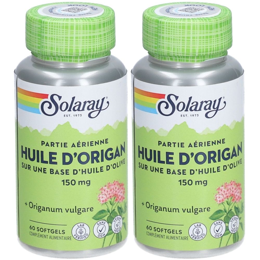 Deux flacons de complément alimentaire à l'huile d'origan SOLARAY®. Inscription : Huile d'Origan, 150 mg, 60 gélules. Bouchon vert, flacon argenté.