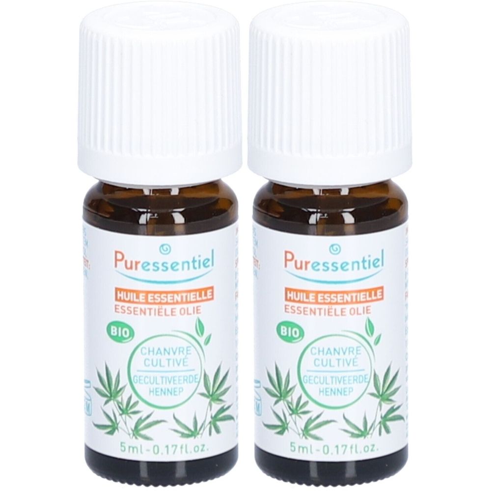 Deux flacons en verre brun avec bouchon blanc. Inscription : Puressentiel, Huile Essentielle, Bio, Chanvre Cultivé, 5ml.