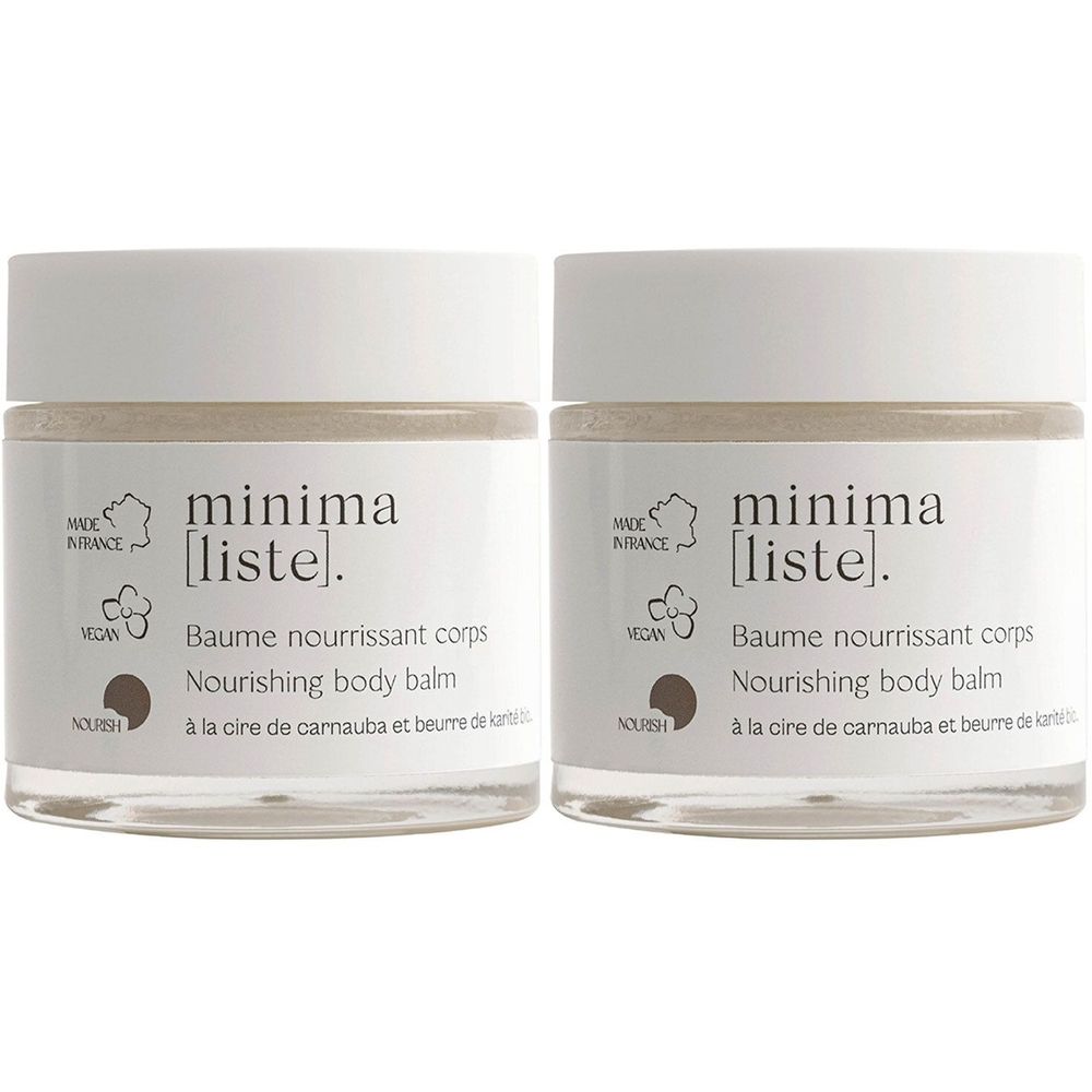 Deux pots de crème avec couvercles blancs. Inscription: minima [liste]. Baume nourrissant corps, Nourishing body balm. Label vegan.
