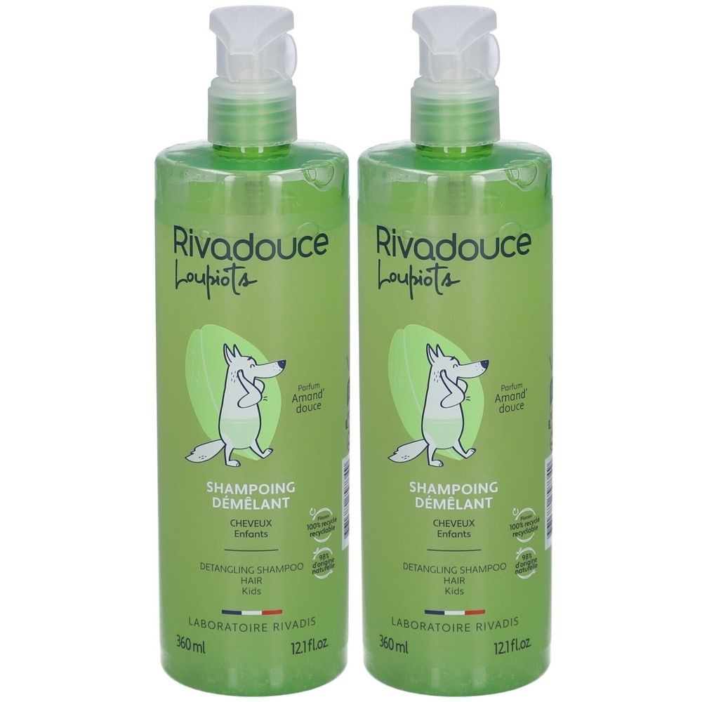 Deux flacons verts avec pompe blanche. Inscription: Rivadouce Loupiots, Shampoing Démêlant, pour enfants. Avec loup de dessin animé.