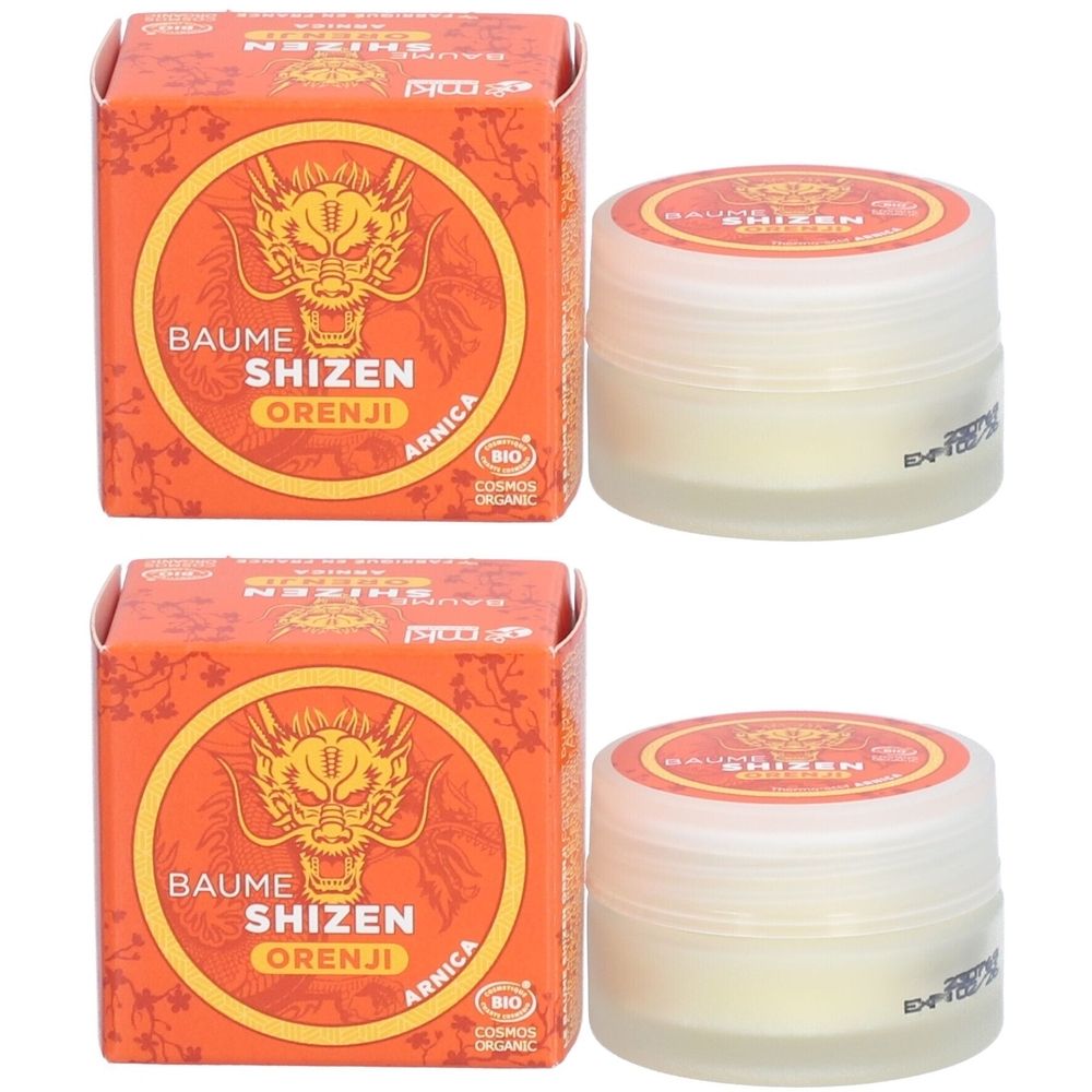 Deux pots et deux boîtes. Sur les boîtes, il est écrit "BAUME SHIZEN ORENJI ARNICA". Sur les pots, il est écrit "BAUME SHIZEN".