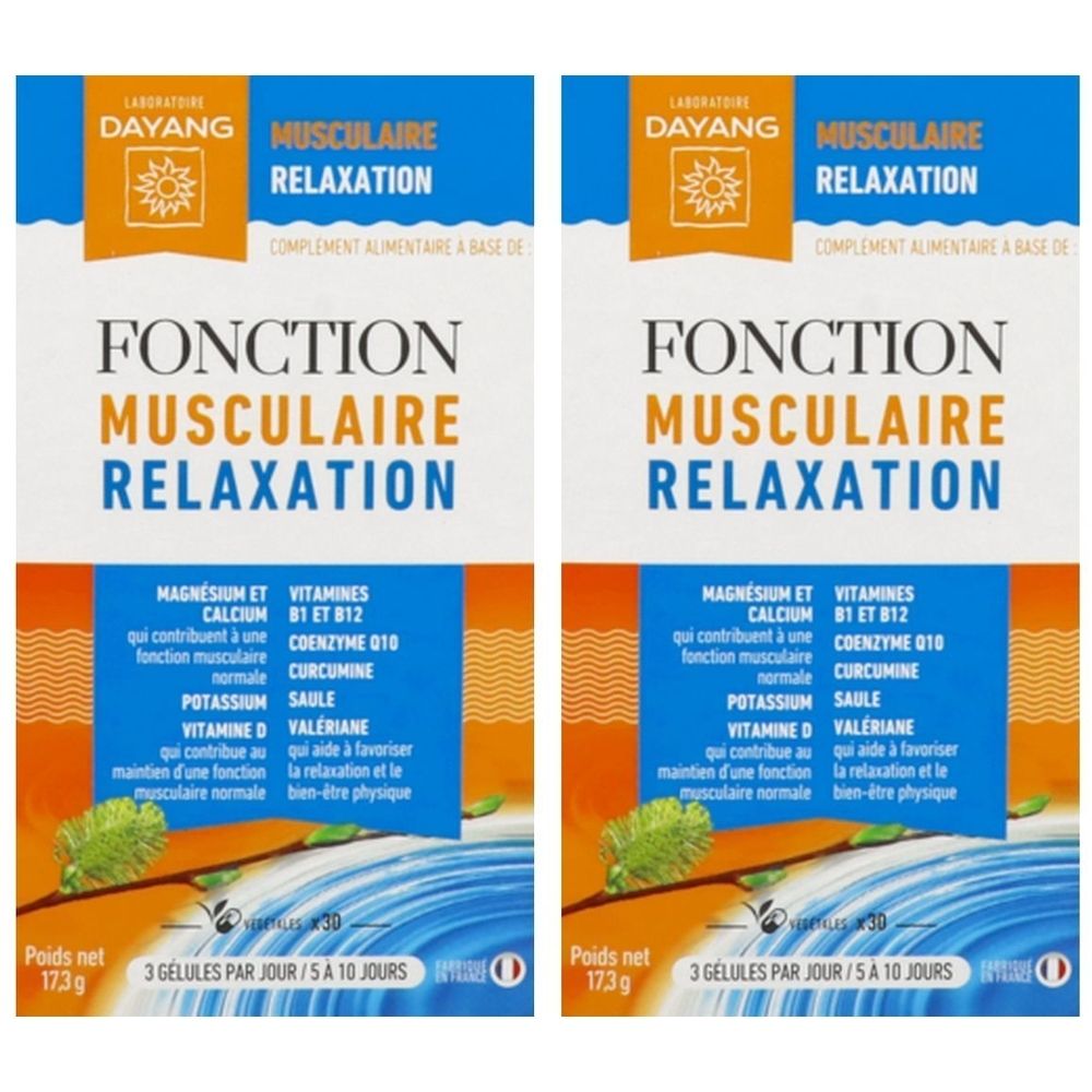 Deux boîtes de Dayang Gélule. Emballage bleu et orange avec texte: Fonction Musculaire Relaxation. Contient 30 gélules.