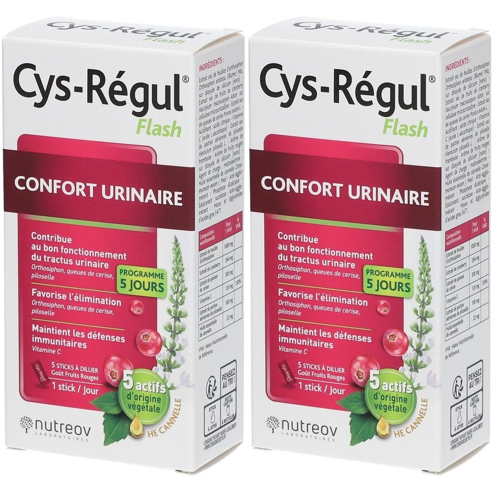 Deux boîtes de Cys-Régul Flash Confort urinaire. Inscriptions : 5 sticks, programme 5 jours, 5 actifs d'origine végétale, vitamine C.