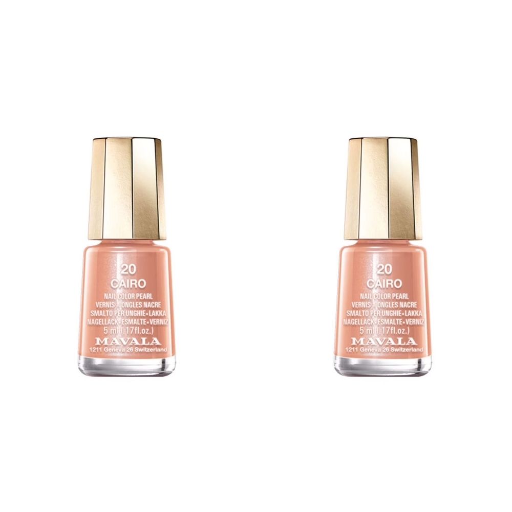 Deux flacons de vernis à ongles crème Cairo, avec bouchons dorés. Inscription: 20 Cairo, Mavala.