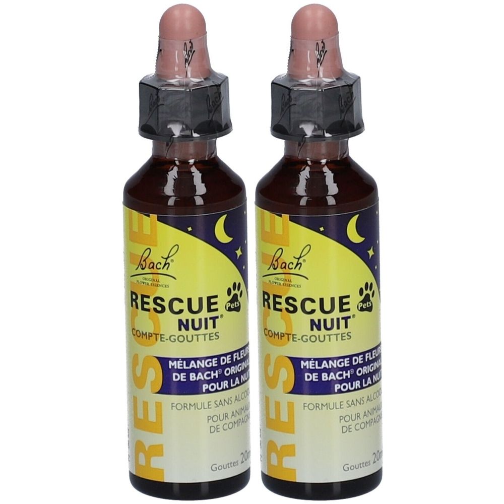 Deux flacons de gouttes RESCUE Nuit Bach pour animaux. Étiquette jaune avec lune et patte. Bouchon rose et compte-gouttes.