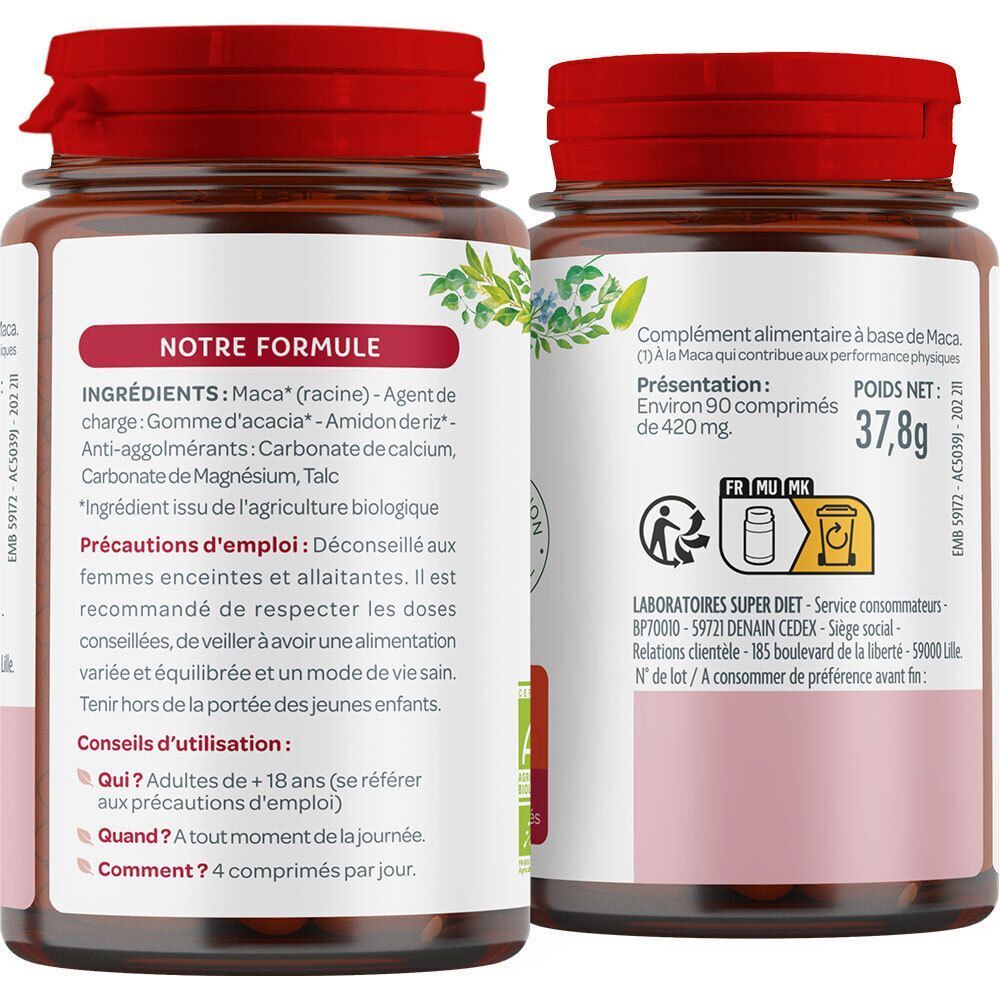 Arrière et côté des flacons SUPERDIET Maca Bio avec informations sur les ingrédients et l'utilisation.