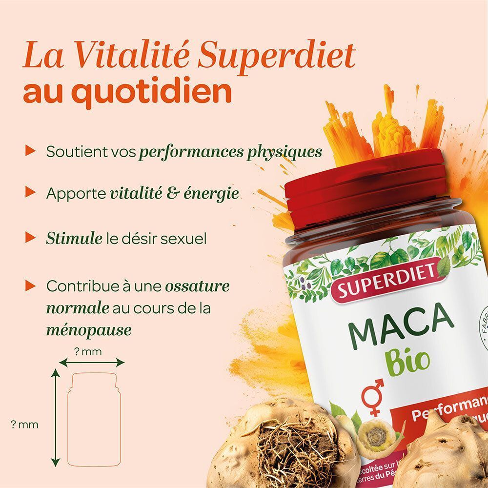 Flacon SUPERDIET Maca Bio avec racines de maca et texte sur la vitalité et les performances physiques.