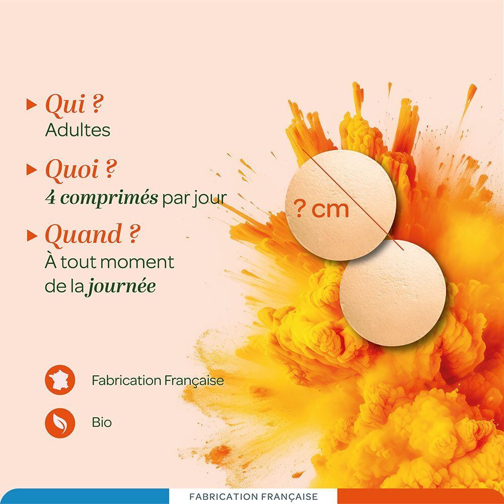 Deux comprimés de maca sur fond orange explosif avec des informations sur la prise.