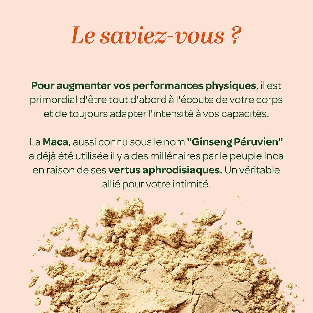 Texte sur les bienfaits de la maca, "Ginseng Péruvien", avec de la poudre de maca en arrière-plan.