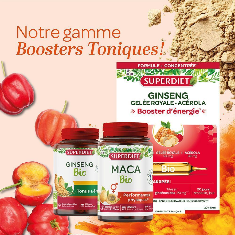 Flacon SUPERDIET Maca Bio à côté d'une bouteille de ginseng et d'un produit Ginseng Gelée Royale.