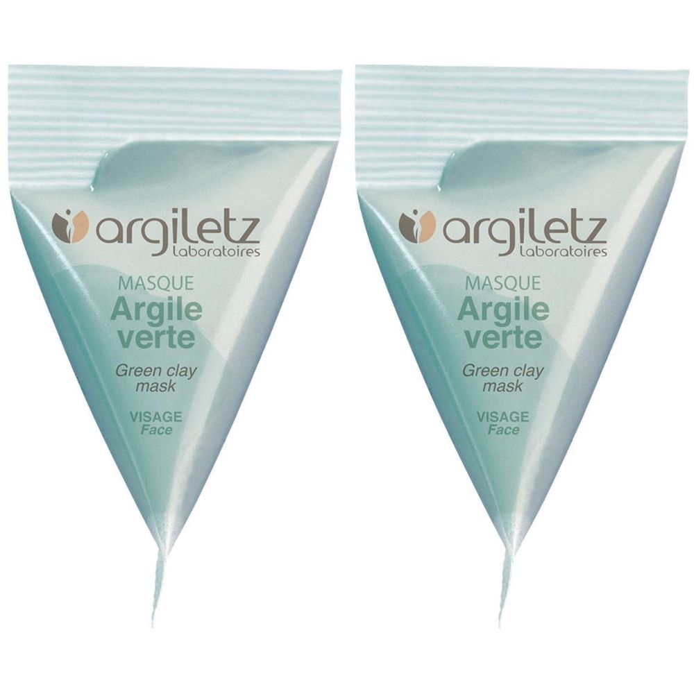 Deux sachets de masque à l'argile verte. Inscription: Argiletz, Masque Argile verte, Green clay mask, Visage Face.