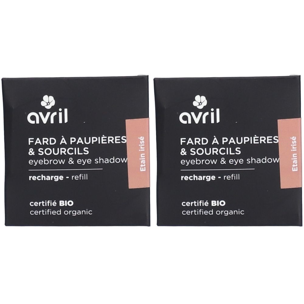 Deux recharges noires "avril" pour fard à paupières et sourcils, "Etain irisé", certifié BIO. Texte en français et anglais.