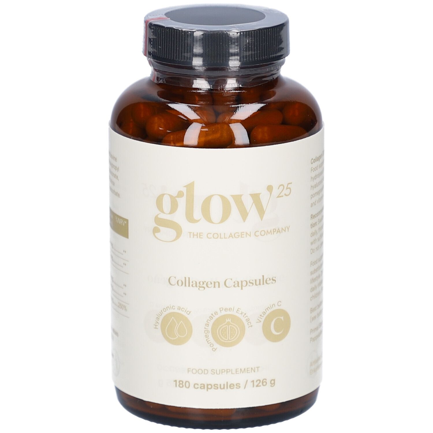 Flacon brun de gélules. Inscriptions: Glow25, Collagen Capsules, acide hyaluronique, extrait de grenade, vitamine C. 180 gélules.