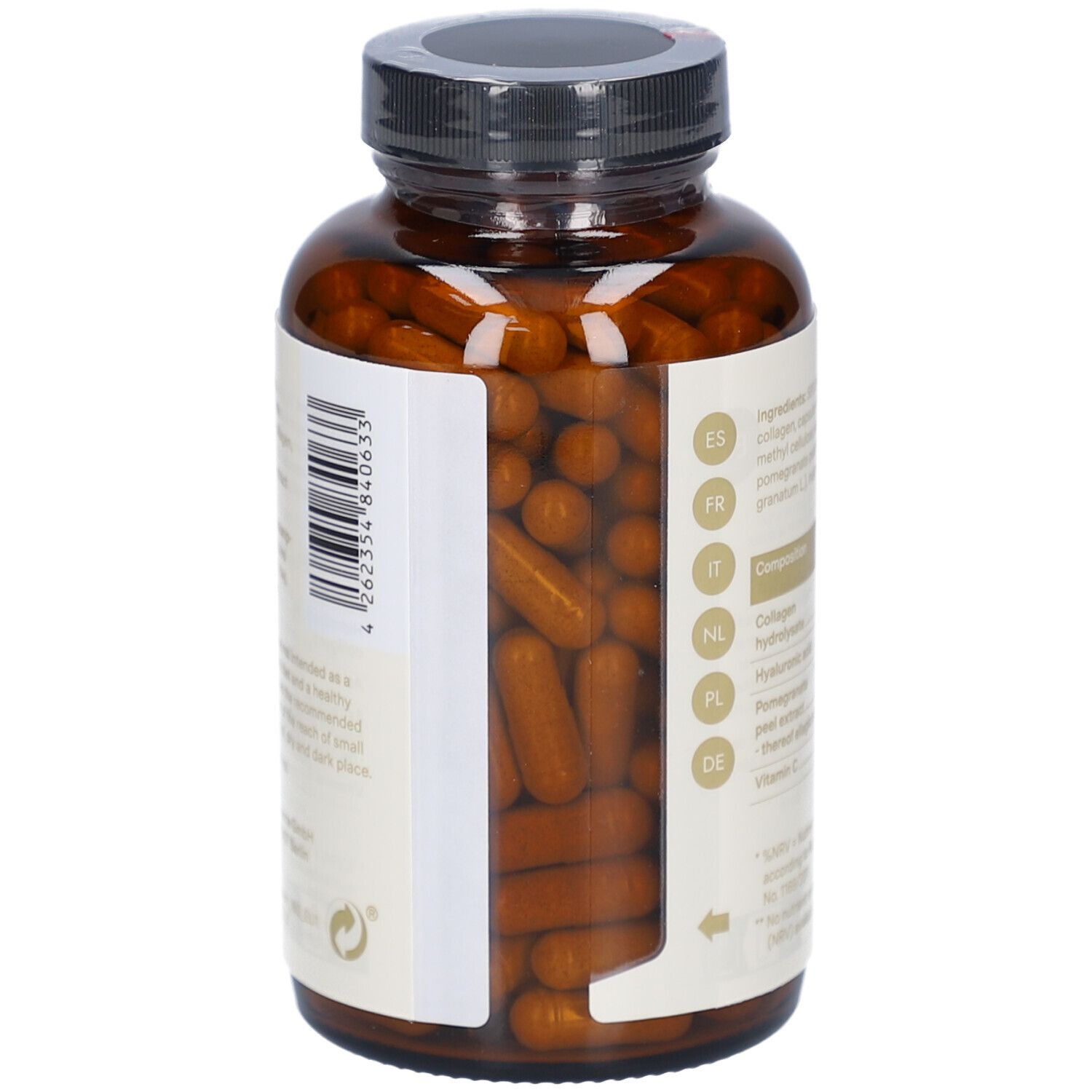 Flacon brun de gélules. Inscription: Collagen Capsules. Gélules visibles. Contient acide hyaluronique, extrait de grenade, vitamine C.