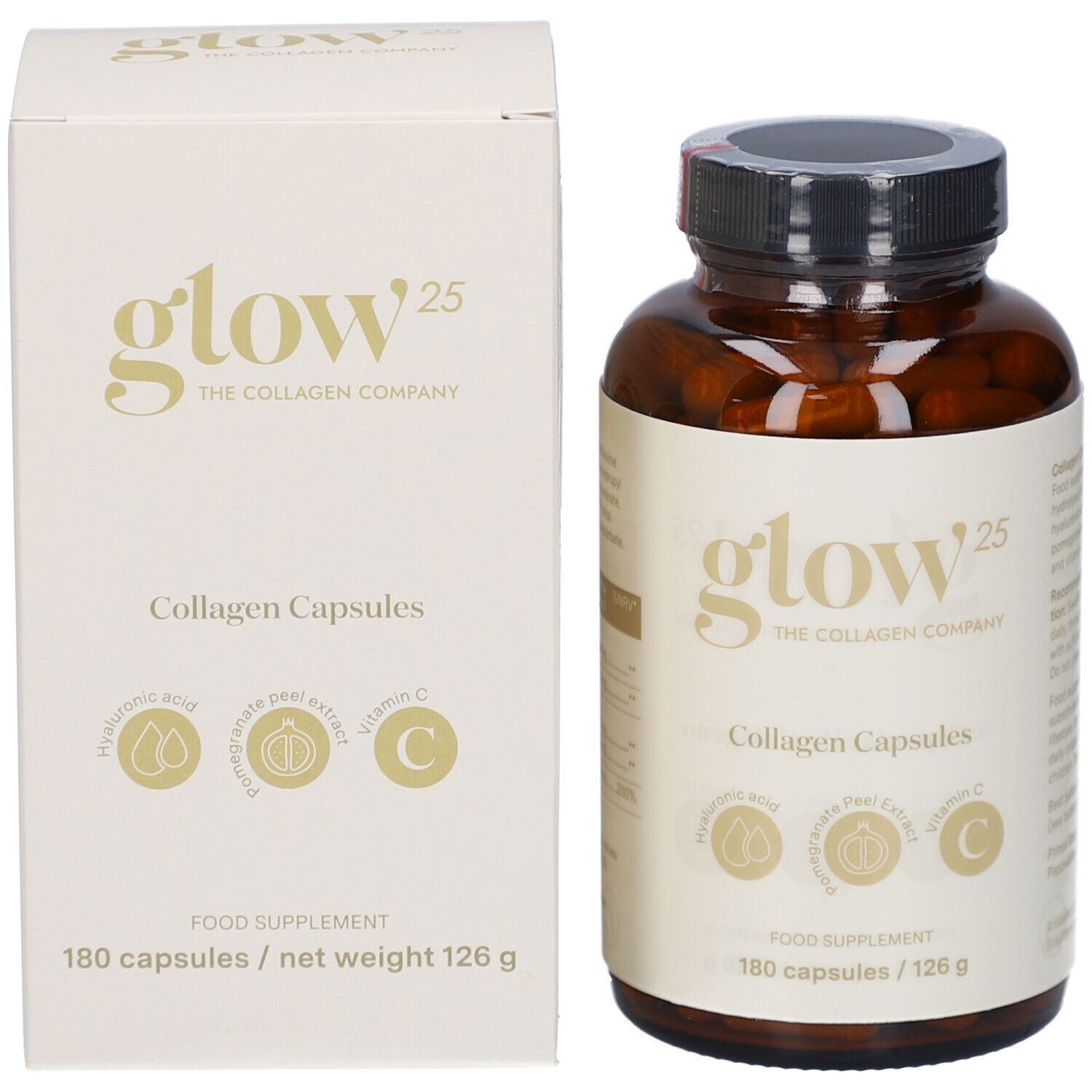 Emballage du produit. Boîte blanche et flacon brun de gélules. Inscriptions: Glow25, Collagen Capsules. 180 gélules.